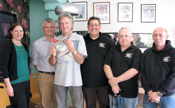 left to right: Bryony Walton (Hornby Hobbies PR), Richard Ames (CEO Hornby Hobbies), James May, Jonny Plumb (Team Leader), Alan Hooker (Modeller), Mark Davey (Modeller)