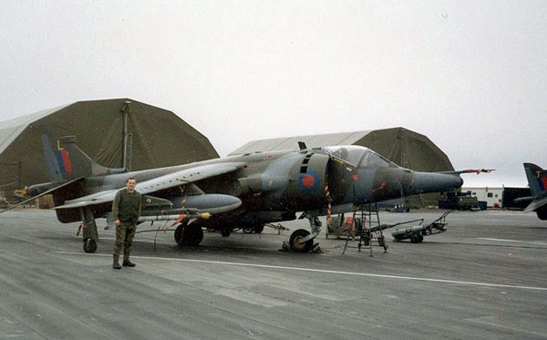 Falkland Islands, Stanley Airport 1984, 1453 Flight, Harrier GR3 'L'. In the Background 'T' was soon to crash in the harbour during an airfield attack. Photo courtesy Pete Butt