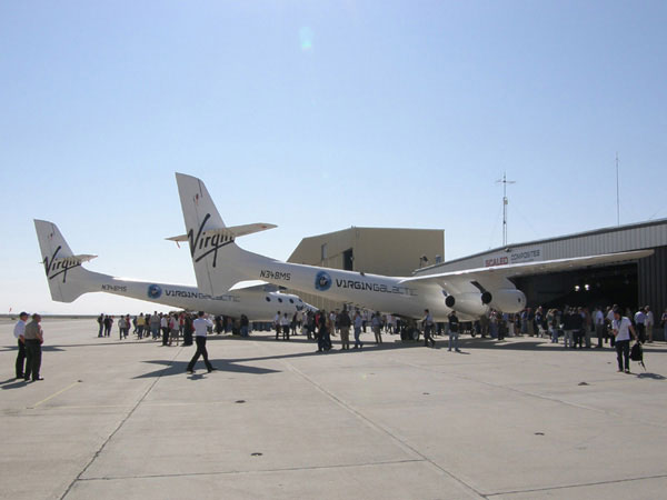 Photo: Courtesy of Akradecki: Scaled Composites / Virgin Galactic WhiteKnightTwo "mother ship" VMS Eve at the rollout ceremony.