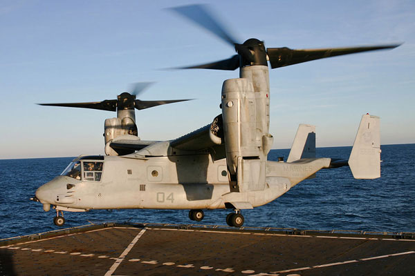 Photo: Atlantic Ocean (Feb. 9, 2012) An MV-22 Osprey assigned to the Fighting Griffins of Marine Medium Tiltrotor Squadron (VMM) 266 makes a historic first landing aboard the Mil-itary Sealift Command dry cargo and ammunition ship USNS Robert E. Peary (T-AKE 5). The Osprey landed aboard Robert E. Peary while conducting an experimental resupply of Marines during exercise Bold Alligator 2012. Bold Alligator, the largest naval amphibious exercise in the past 10 years, represents the Navy and Marine Corps' revitalisation of the full range of amphibious operations. The exercise focuses on today's fight with today's forces, while showcasing the advantages of sea-basing. This exercise takes place Jan. 30 through Feb. 12, 2012 afloat and ashore in and around Virginia and North Carolina. #BA12 (U.S. Navy photo by Lt. j.g. Michael Sheehan/Released)