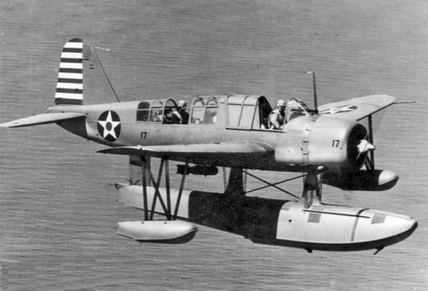 A U.S. Navy Vought OS2U-2 Kingfisher seaplane in flight in early 1942